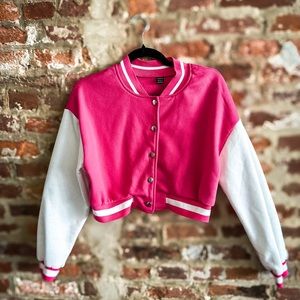 Barbie-Inspired Hot Pink Cropped Varsity Jacket - Size S